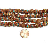 108 BEADS 9mm Rudraksha Mala Prayer Beads with Turquoise, Coral & Metal Inlays - Ethnic Nepal Tibetan Rudraksha Mala Beads - PB150B