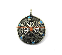 Ethnic Nepal Tibetan Double Vajra Pendant with Filigree Details, Colored Bead Inlays - Jewelry Supplies Pendant - TibetanBeadStore - WM7274