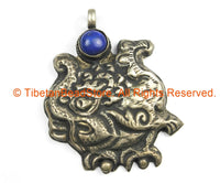 Ethnic Tribal Nepal Antique Look Repousse Tibetan Silver Guardian Deity Pendant with Lapis Inlay - Handmade Nepal Tibet Jewelry - WM7217