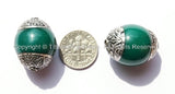 1 BEAD - Tibetan Green Copal Resin Beads with Double Vajra Filigree Repousse Tibetan Silver Caps - B1393-1