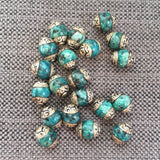 10 BEADS - Tibetan Blue Beads with Repousse Floral Tibetan Silver Caps 8mm - Handmade Tibetan Jewelry & Beads by TibetanBeadStore - B3452-10