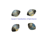 4 BEADS - Tibetan Milky Quartz Beads with Repousse Tibetan Silver Metal Caps- Handmade Ethnic Nepal Tibetan Beads - B3519S-4