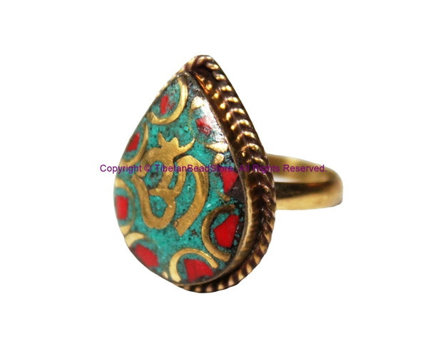 Handmade Sanskrit OM Mantra Tibetan Ring with Turquoise, Coral, Brass Inlays - Ethnic Ring Boho Ring Nepal Ring Statement Ring- R321