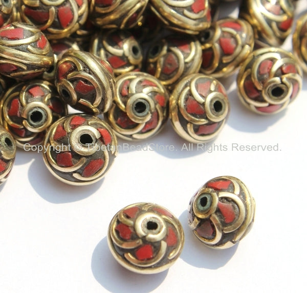 2 BEADS - Tibetan Floral Beads with Brass, Coral Inlays - Tibetan Beads - Floral Tibetan Brass Inlay Beads - B2597-2