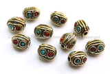 4 beads - Tibetan Oval Beads with Circles, Brass, Turquoise & Coral Inlays - Ethnic Tibetan Beads - B1600-4