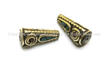 2 BEADS - Tibetan Cone Beads with Brass, Turquoise & Coral Inlays - Ethnic Tribal Tibetan Brass Inlay Beads - B1610-2