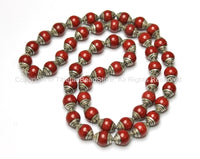 4 BEADS - Ethnic Tibetan Red Jade Beads with Tibetan Silver Caps - Ethnic Nepal Tibetan Artisan Handmade Beads - B1818-4