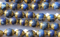10 BEADS - Tibetan Small Lapis Beads with Repousse Brass Caps - Ethnic Tribal Artisan Handmade Nepalese Tibetan Beads - B2494-10
