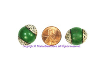 4 BEADS Beautiful Big Green Resin Tibetan Beads with Repousse Carved Floral Tibetan Silver Caps - Green Beads Focal Tibetan Beads - B3253-4