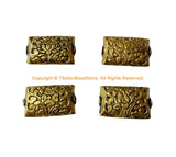 4 BEADS - Tibetan Carved Rectangle Brass Beads with Repousse Floral Details - Tibetan Jewelry Supplies - Tibetan Beads - B1372B-4