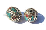 2 BEADS - Fine Handmade Oval Shaped Tibetan Beads with Brass, Turquoise & Coral Inlays - Ethnic Nepal Tibetan Beads - B2557-2