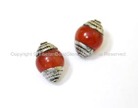2 BEADS - Tibetan Carnelian Beads with Tibetan Silver Caps - Handmade Tibetan Beads, Pendants, Jewelry - TibetanBeadStore- B1014-2