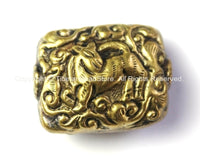 Reversible Repousse Hand Carved Box Square Shaped Brass Tibetan Bead with Animal Details - 1 BEAD - Tibetan Beads -B2418-1