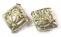 2 BEADS - Tibetan Lotus Beads - Antiqued Silver Finish Auspicious Lotus Tibetan Beads Kite Square Shape Ethnic Tribal Beads - B2458-2