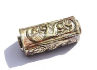 LARGE Long Tibetan Repousse Brass Floral Barrel Shaped Box Bead - Ethnic Nepal Tibetan Jewelry - Tibetan Beads - Ethnic Beads - B2625-1