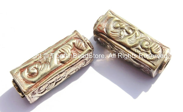 2 BEADS - LARGE Long Tibetan Repousse Brass Floral Barrel Shaped Box Beads - Nepal Tibetan Jewelry - Tibetan Beads - Ethnic Beads - B2625-2