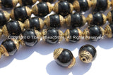 2 BEADS - Tibetan Black Onyx Beads with Brass Caps - Ethnic Nepal Tibetan Artisan Handmade Beads - B2720-2