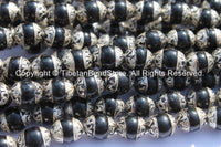 4 BEADS - Tibetan Black Onyx Beads with Tibetan Silver Caps - Handmade Ethnic Tibetan Beads - Jewelry Supplies - B2723-4