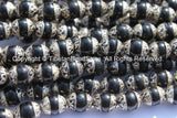 2 BEADS - Tibetan Black Onyx Beads with Tibetan Silver Caps - Handmade Ethnic Tibetan Beads - Jewelry Supplies - B2723-2