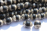 10 BEADS - Tibetan Black Onyx Beads with Tibetan Silver Caps - Handmade Ethnic Tibetan Beads - Jewelry Supplies - B2723-10