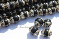 4 BEADS - Tibetan Black Onyx Beads with Tibetan Silver Caps - Handmade Ethnic Tibetan Beads - Jewelry Supplies - B2723-4