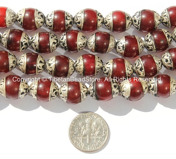 2 BEADS - Dark Red Resin Tibetan Beads with Repousse Tibetan Silver Caps - Handmade Tibetan Beads - B2727-2