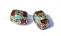 2 Beads - Tibetan Rectangle Box Beads with Brass, Turquoise & Copal Inlays - Unique Ethnic Nepal Tibet Beads - B274-2