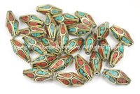 2 BEADS Ethnic Tibetan Beads with Brass, Turquoise, Coral Inlays - TibetanBeadStore - Brass Inlay Beads Nepal Tibetan Beads B2755-2