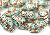 1 BEAD Nepal Tibetan Bicone Shape Thick Beads- Tibetan Silver Metal, Turquoise, Coral Inlays- TibetanBeadStore Tibetan Beads - B2770-1