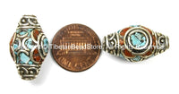 1 BEAD Nepal Tibetan Bicone Shape Thick Beads- Tibetan Silver Metal, Turquoise, Coral Inlays- TibetanBeadStore Tibetan Beads - B2770-1