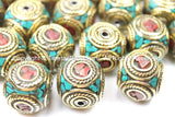 2 BEADS LARGE BIG Nepal Tibetan Beads- Brass Cube Box Shape Beads - Brass, Turquoise, Coral Inlays- TibetanBeadStore Tibetan Beads - B2774-2