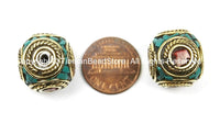 2 BEADS LARGE BIG Nepal Tibetan Beads- Brass Cube Box Shape Beads - Brass, Turquoise, Coral Inlays- TibetanBeadStore Tibetan Beads - B2774-2