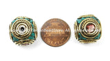 2 BEADS LARGE BIG Nepal Tibetan Beads- Brass Cube Box Shape Beads - Brass, Turquoise, Coral Inlays- TibetanBeadStore Tibetan Beads - B2774-2