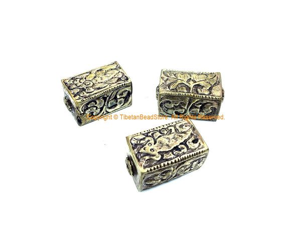1 BEAD - Repousse Carved Tibetan Silver Rectangular Box Shaped Tibetan Bead with Floral Details - Tibetan Metal Beads - B3080F-1