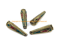 4 BEADS Ethnic Nepalese Tibetan Cone Beads with Brass, Turquoise, Coral Inlays - Inlaid Beads Tibetan Beads - Nepal Beads - B3137B-4