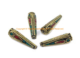 2 BEADS Ethnic Nepalese Tibetan Cone Beads with Brass, Turquoise, Coral Inlays - Inlaid Beads Tibetan Beads - Nepal Beads - B3137B-2