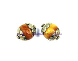 4 BEADS Tibetan Amber Beads - Big Amber Color Resin Beads with Repousse Floral Tibetan Silver Metal Caps - Ethnic Tribal Beads - B3234-4