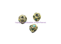 3 BEADS Ethnic Nepal Tibetan Turquoise & Brass Inlay Beads - Handmade Nepal Tibetan Box Shaped Beads - TibetanBeadStore - B3456-3