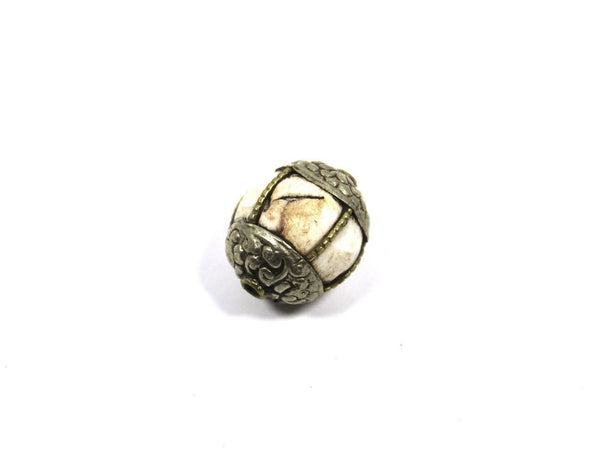 Beautiful, Natural BIG Ethnic Tibetan Naga Conch Shell Melon Cut Bead with Tibetan Silver Repousse Floral Caps & Wires - 17mm x 21mm - B3464