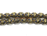 4 BEADS - Ethnic Nepal Tibetan Beads with Brass & Lapis Inlays - Ethnic Tribal Beads - Handmade Oval Shape Brass Circles Beads - B3467-4