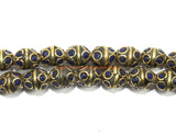 2 BEADS - Ethnic Nepal Tibetan Beads with Brass & Lapis Inlays - Ethnic Tribal Beads - Handmade Oval Shape Brass Circles Beads - B3467-2