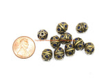 10 BEADS - Ethnic Nepal Tibetan Beads with Brass & Lapis Inlays - Ethnic Tribal Beads - Handmade Oval Shape Brass Circles Beads - B3467-10
