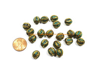 2 BEADS Tibetan Turquoise, Brass Inlay Oval Shape Beads - Tibetan Beads Tribal Beads - 10mm x 11mm - Handmade Oval Inlay Beads - B3468-2