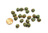 4 BEADS Tibetan Turquoise, Brass Inlay Oval Shape Beads - Tibetan Beads Tribal Beads - 10mm x 11mm - Handmade Oval Inlay Beads - B3468-4