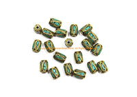 2 BEADS Tibetan Turquoise, Brass Inlay Barrel Beads - Tibetan Beads Tribal Beads - 7mm x 11mm - Barrel Tube Cylinder Beads - B3469-2