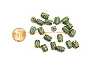 10 BEADS Tibetan Turquoise, Brass Inlay Barrel Beads - Tibetan Beads Tribal Beads - 7mm x 11mm - Barrel Tube Cylinder Beads - B3469-10