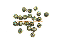 10 BEADS Tibetan Turquoise, Brass Inlay Cube Beads - Tibetan Beads Tribal Beads - 10mm x 10mm - Handmade Box Cube Shaped Beads - B3470-10