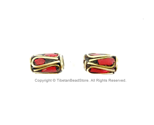 2 BEADS Tibetan Barrel Tube Shape Beads with Brass, Coral Inlay- TibetanBeadStore Brass Inlay Beads Nepal Tibetan Beads B3496-2