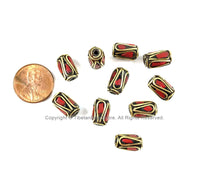 2 BEADS Tibetan Barrel Tube Shape Beads with Brass, Coral Inlay- TibetanBeadStore Brass Inlay Beads Nepal Tibetan Beads B3496-2