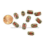 2 BEADS Tibetan Barrel Tube Shape Beads with Brass, Coral Inlay- TibetanBeadStore Brass Inlay Beads Nepal Tibetan Beads B3496-2